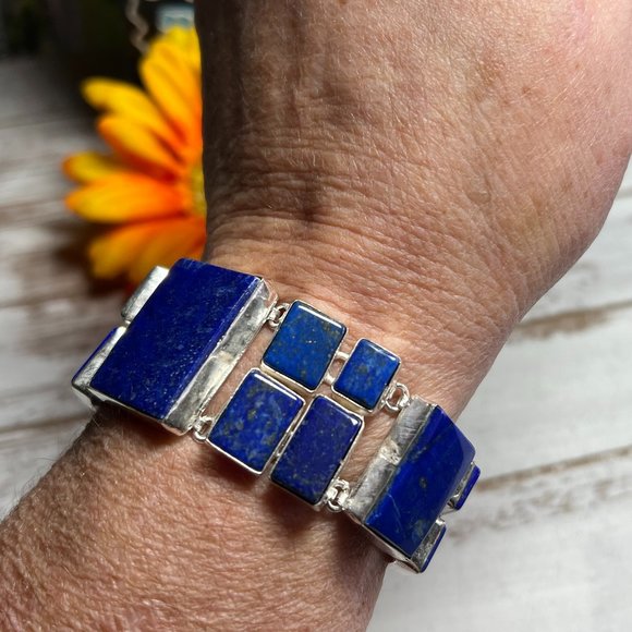 Lapis Lazuli Bracelet Handmade Stone Gemstone 925 Silver Large Ethnic Boho New! - Picture 9 of 15